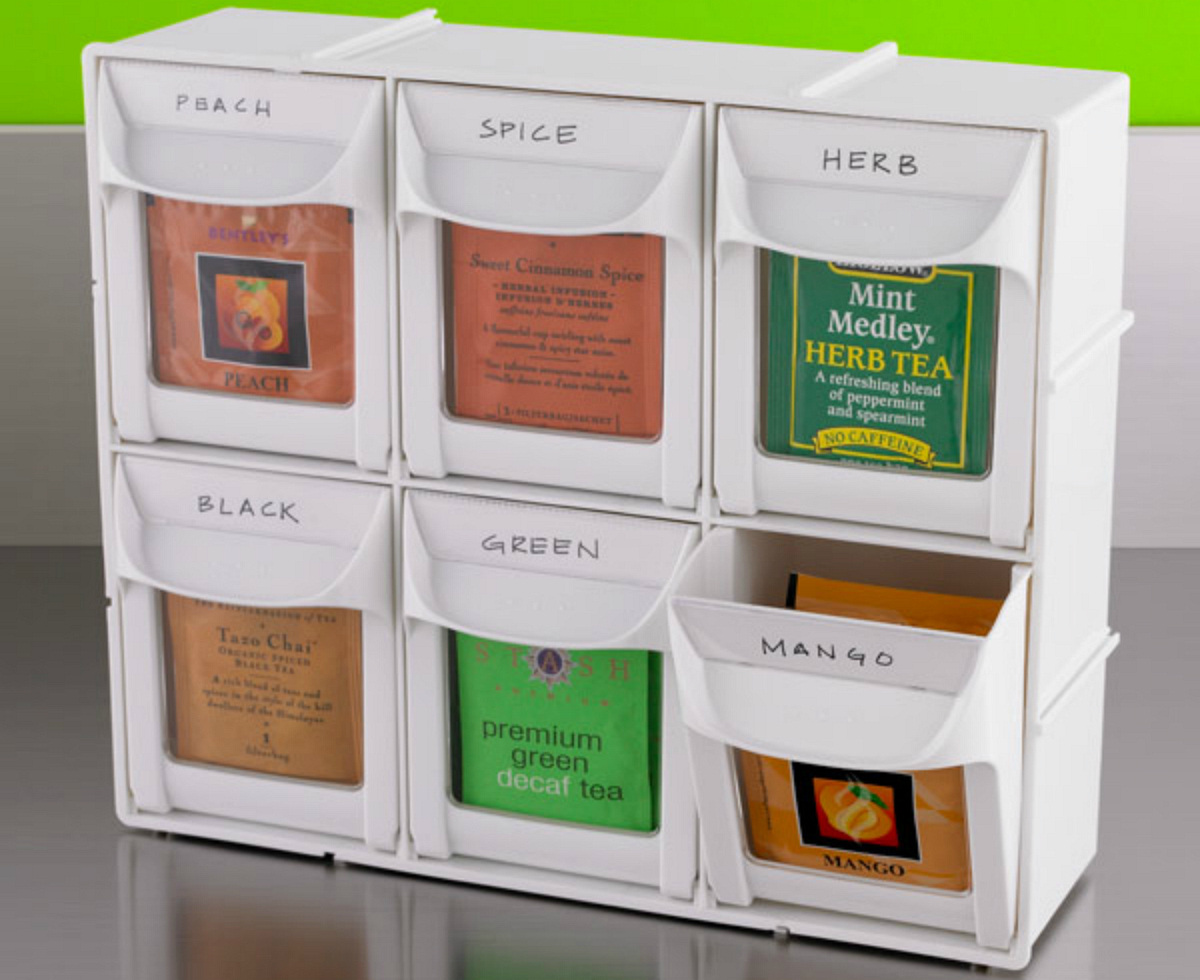 Modular Flip Out Bins labeled with different kinds of tea