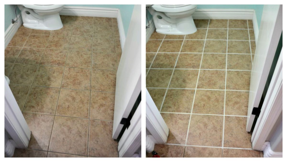 before and after comparison of a small bathroom tile and grout