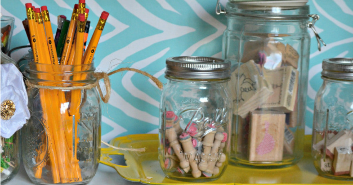 mason jars reused for pencils and stamps