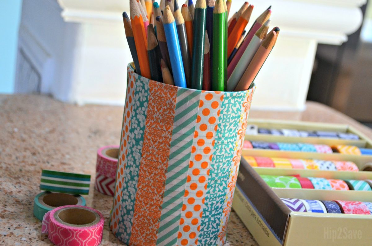 washi tape on a tin can holding pencils