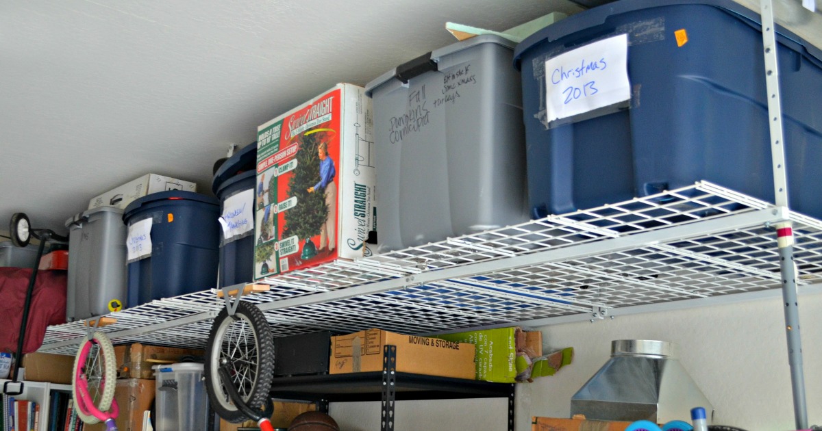 garage wall organization using hanging storage shelves