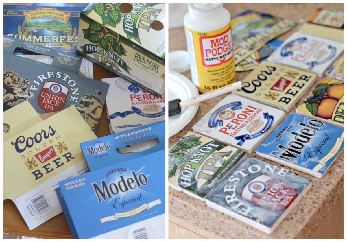 mod podge beer coasters - upcycling ideas