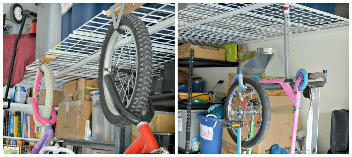 hanging shelves with bikes and tires are one of our top garage organization ideas