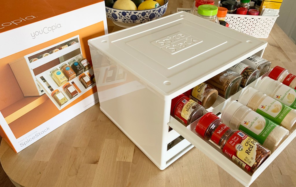 youcopia spice stack rack filled with spice bottles