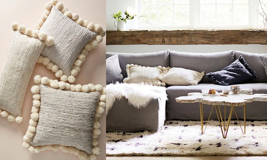 pom pom pillows on couch black and white jute 