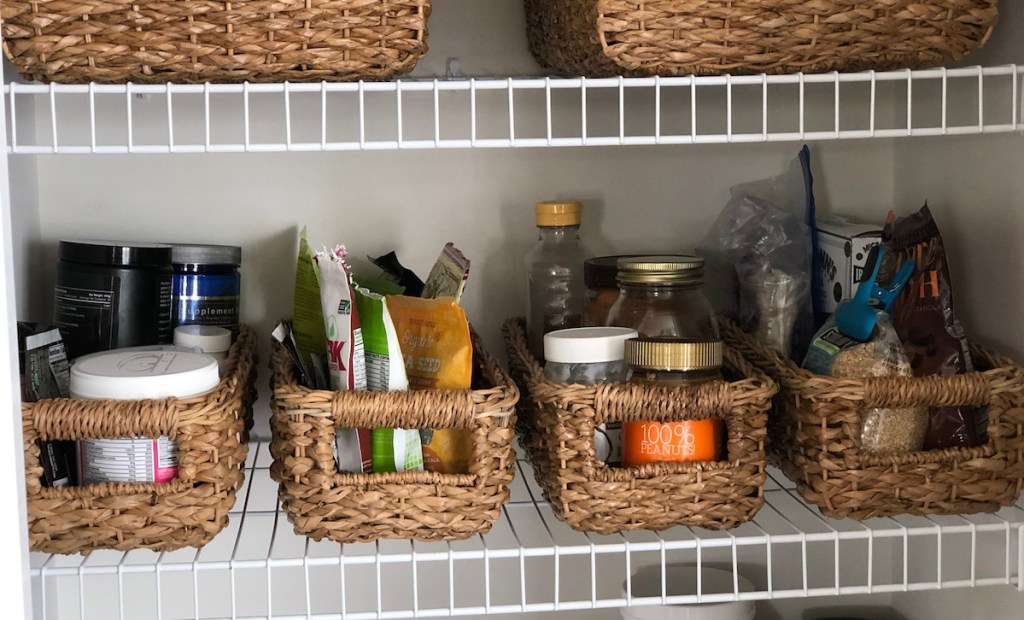 pantry food inside of wicker baskets