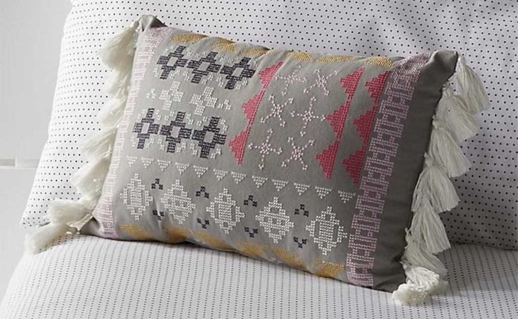 cross stitch embroidered tassel pillow brown beige tan with pink and yellow