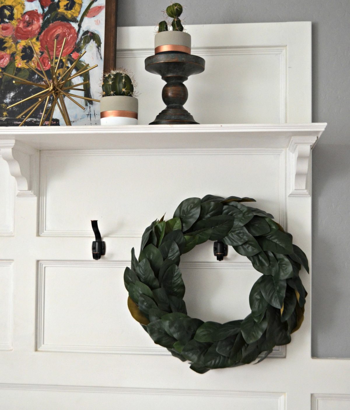 Magnolia wreath hanging on the wall