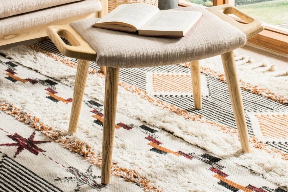 natural wood with beige fabric upholstery mid-century modern footstool bench 