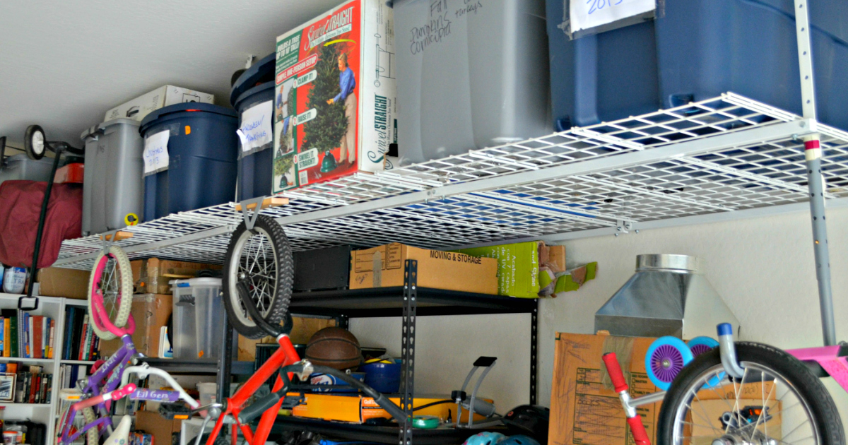 filled storage shelves hanging from the ceiling