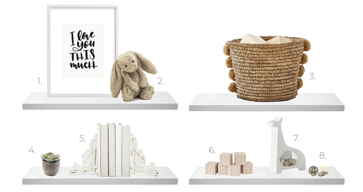 nursery shelves with a sign, bunny, woven basket, white books, and toys