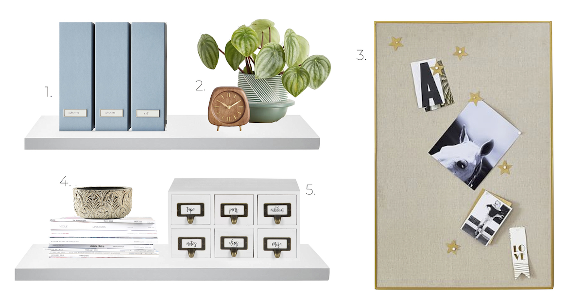 office shelving with three blue magazine holders, clock, plant, dish, large peg board