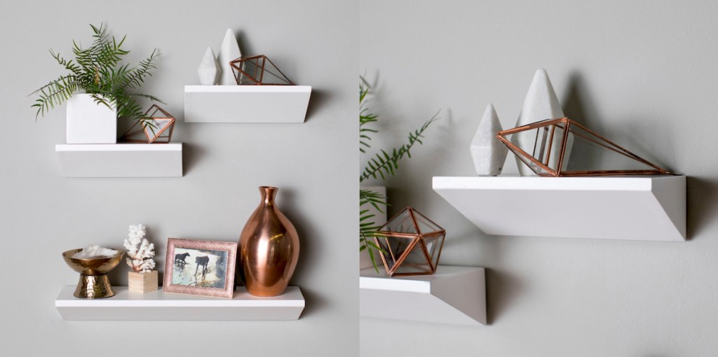 white shelves on wall with decor