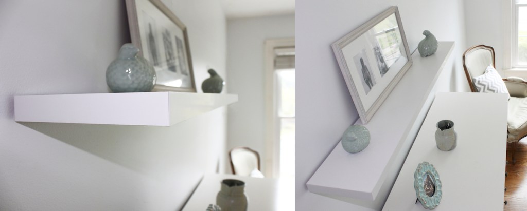 side by side photos of white floating shelves with picture frame and decor items