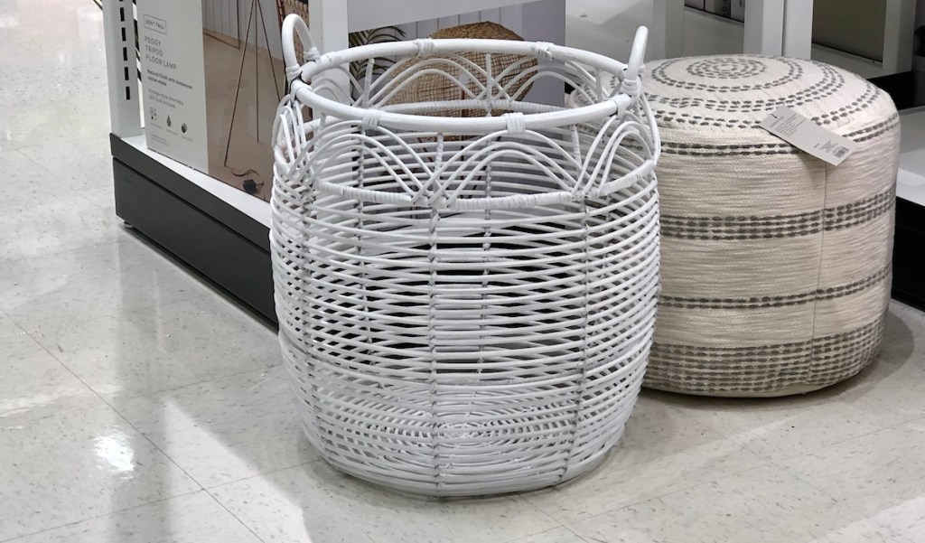 white rattan basket on floor