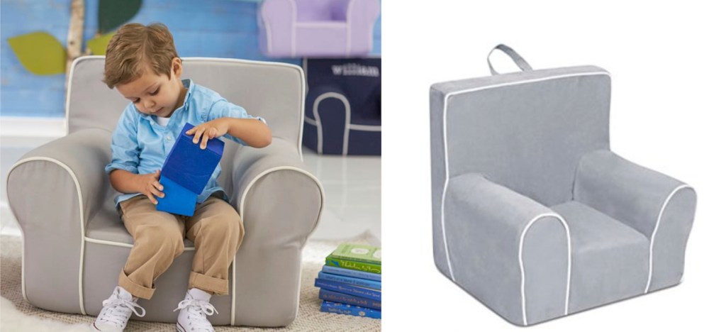 boy sitting in a gray chair next to stock photo of chair with white background