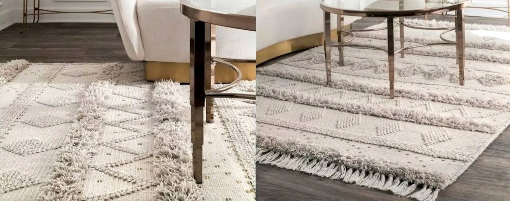 fringe tassel cream rug on wood floor with gold metal coffee table