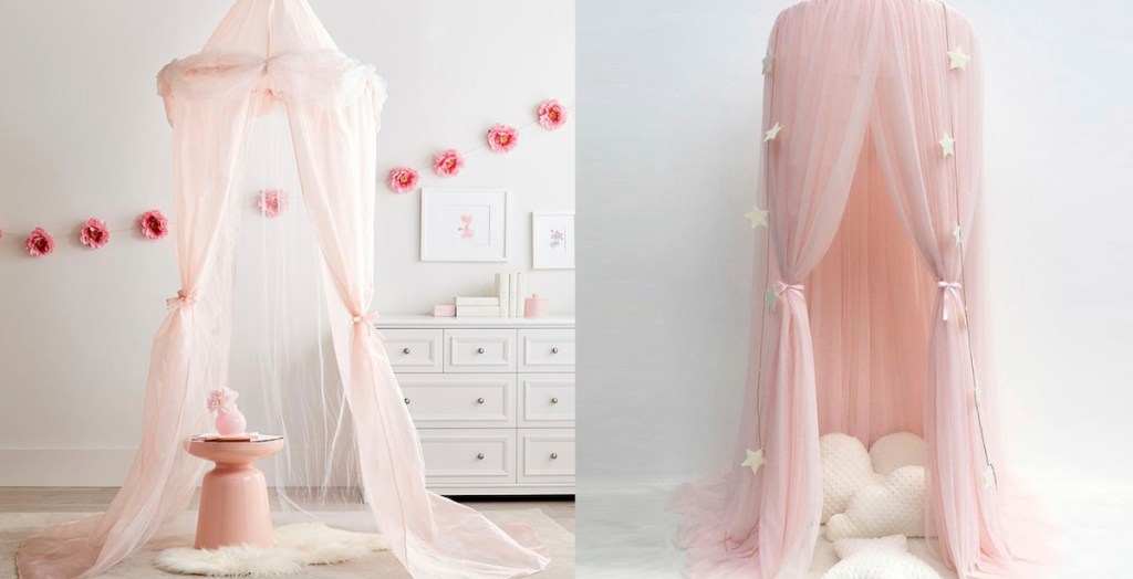 two pink canopies in gray white playrooms with white dresser in background