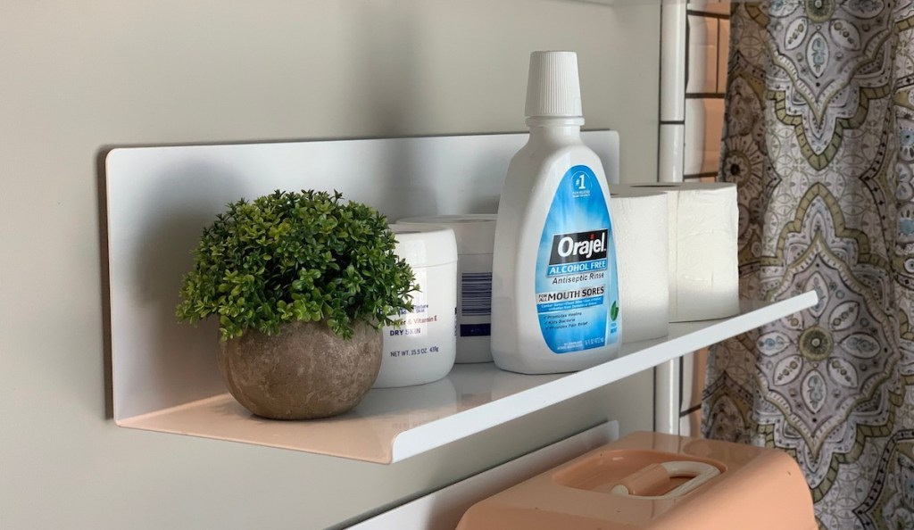close up photo of white metal wall shelf with green plant and mouthwash