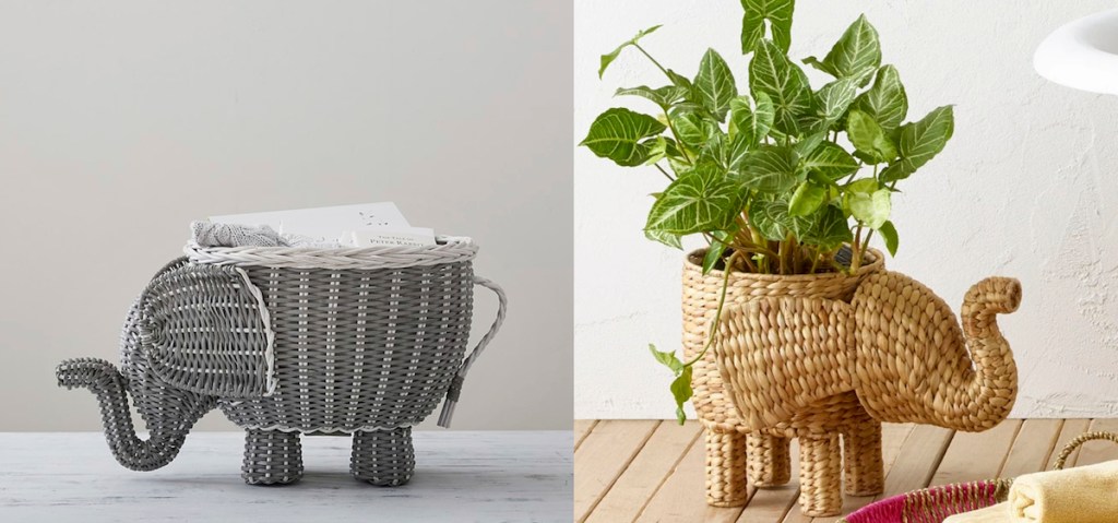 gray elephant basket next to natural colored one with plant inside