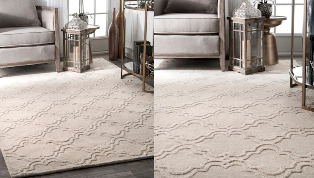 trellis cream ivory tufted rug on floor with couch and lantern