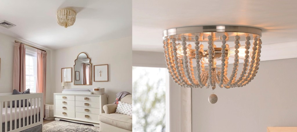 wood bead flushmount lights on ceiling in girls pink and white nursery