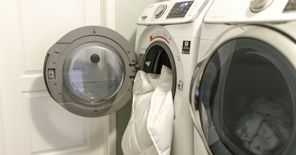 white weighted blanket in a white front loading washing machine