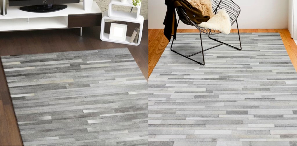 side by side of striped leather gray rug