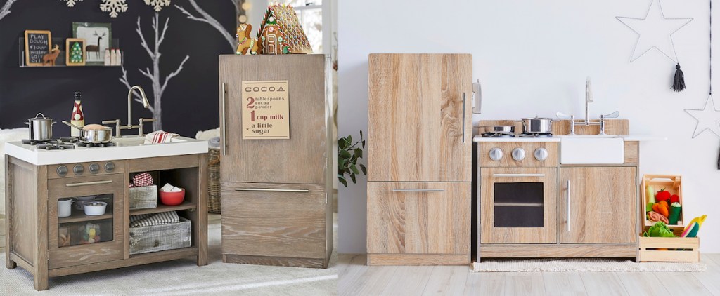 two pictures of brown wood kids play kitchens in playrooms