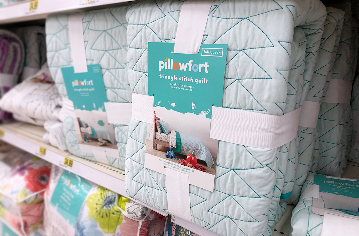 grown up Pillowfort items — triangle pattern teal quilt
