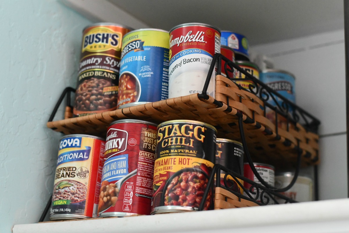 organizing cans using an office filing shelf 