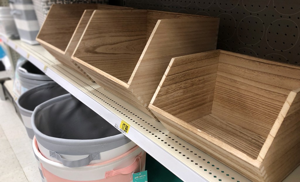 grown up Pillowfort items — stackable wooden storage bins