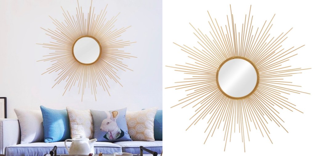 gold starburst mirror on gray wall with couch and pillows