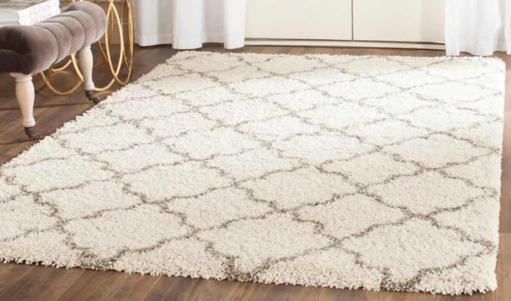 traditional cream and gray medallion rug on wood floor