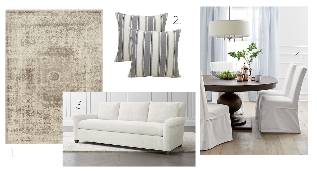 traditional brown and cream rug, white couch, two stripe pillows, dining room chair, dark wood round table