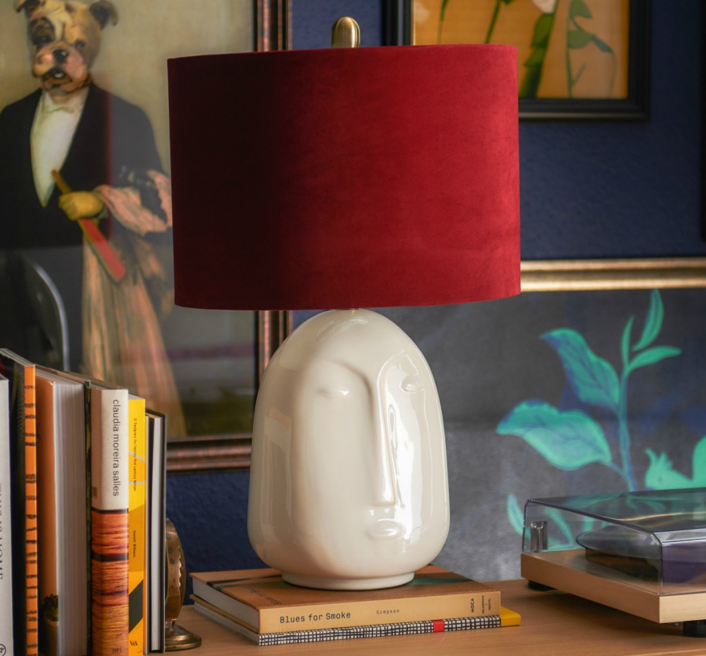 The Forgotten Era Ceramic Face Lamp with Venetian Wine Velvet Shade