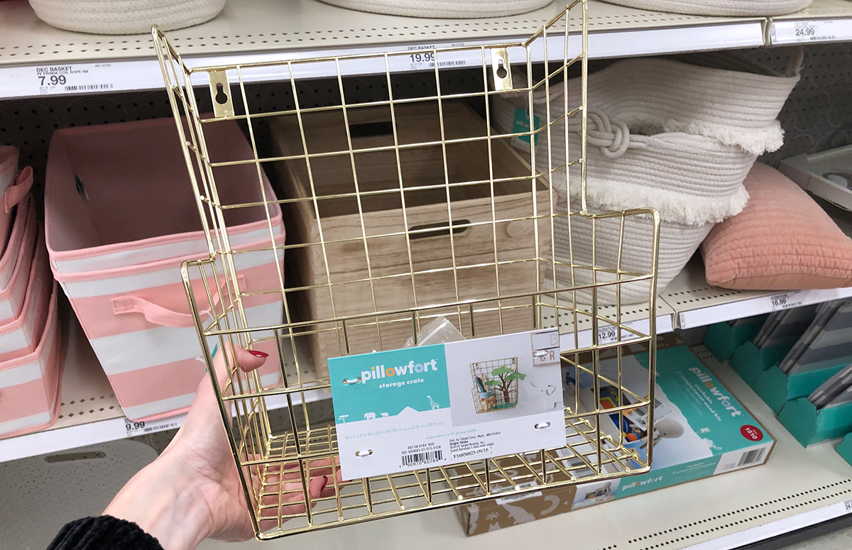 grown up Pillowfort items — gold wire wall hanging storage basket