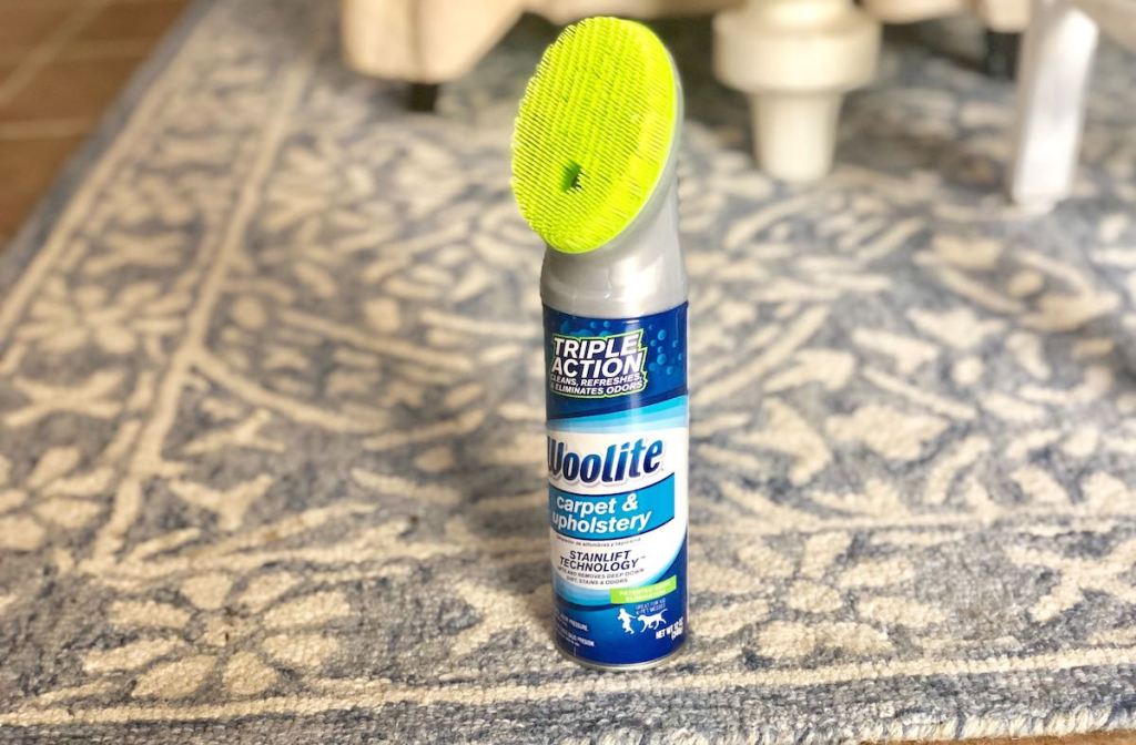 woolite carpet spot cleaner bottle sitting on a blue and cream colored floral rug