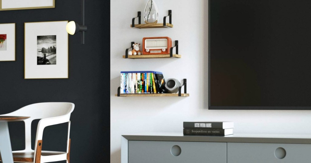 floating shelves displaying items in living room