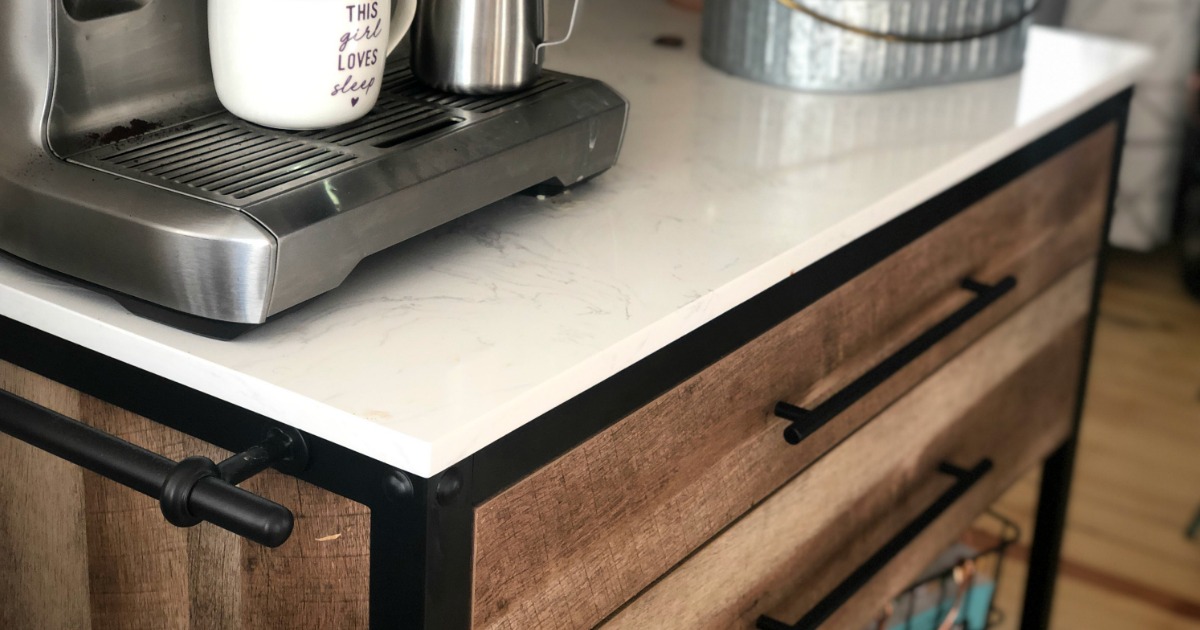 close up of kitchen island with espresso maker 