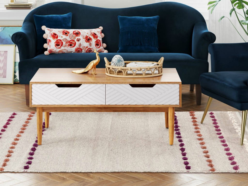 Opalhouse Tan Striped With Poms Woven Fringed Rug