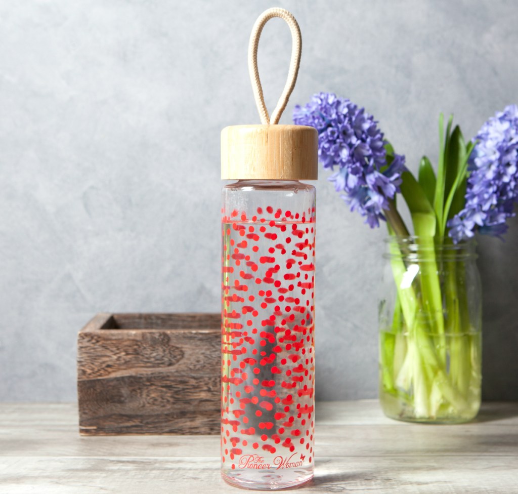 The Pioneer Woman 20 Ounce Red Polka Dots Glass Water Bottle with Bamboo Cap