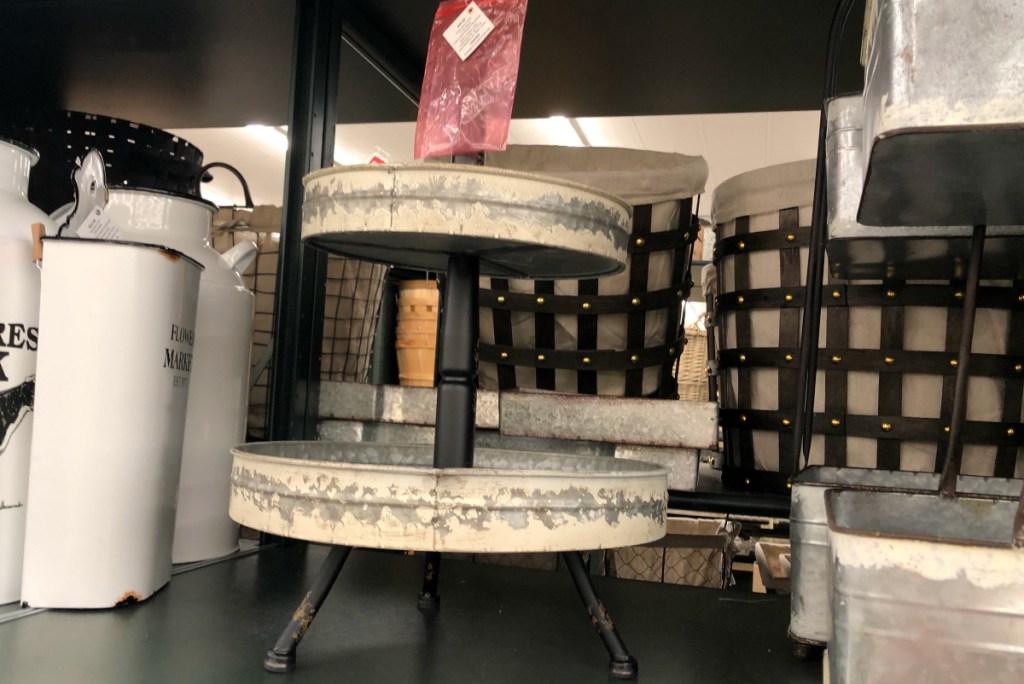 White Distressed Galvanized Metal Round Three-Tiered Tray