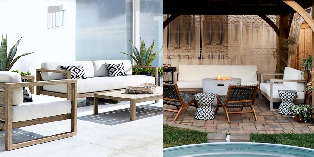 outdoor modern white and wood furniture sets with coffee table and fire pit 