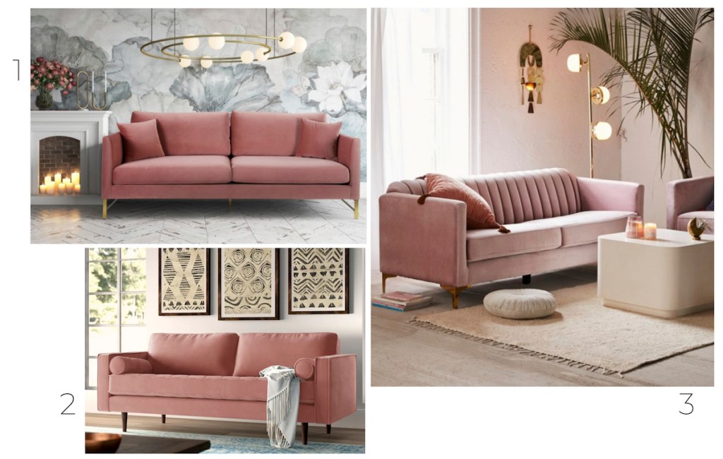 three photos of pink velvet sofas styled in living rooms with neutral room decor