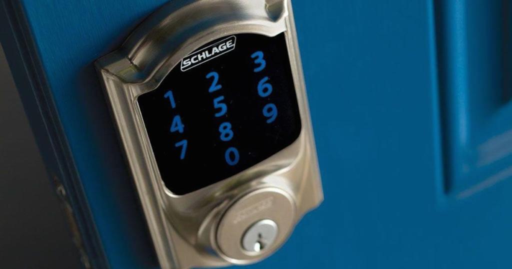 schlage keyless digital lock keypad on a blue door