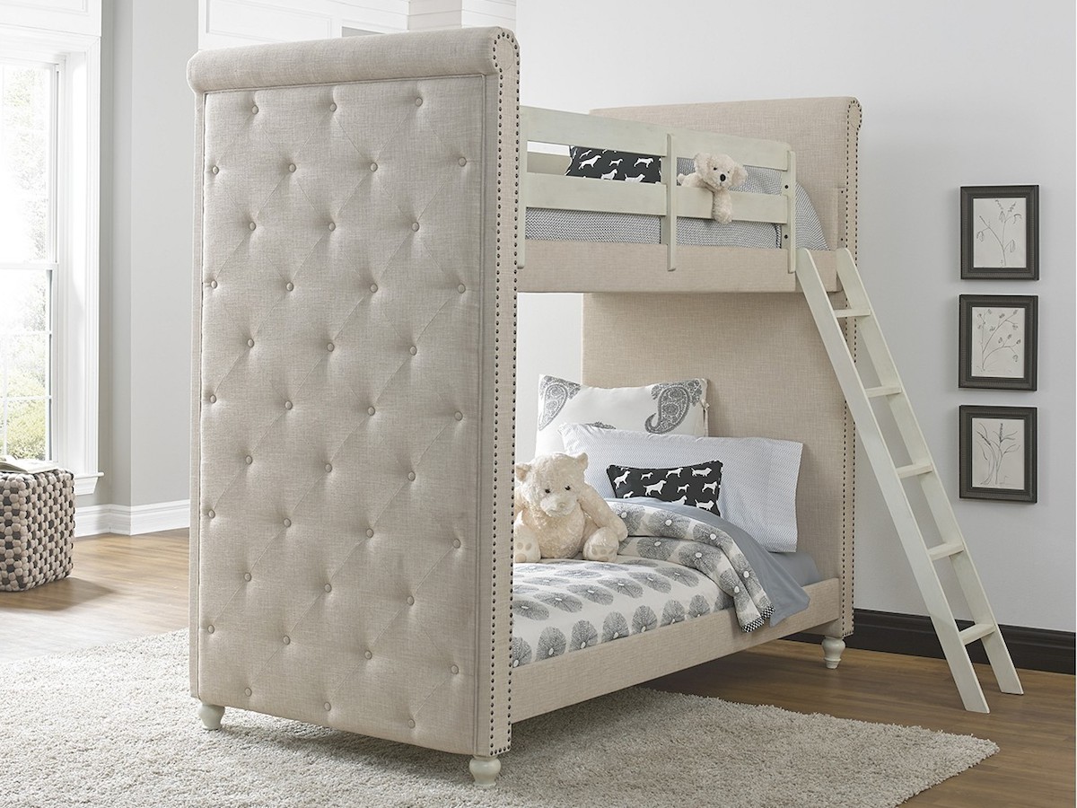 upholstered beige twin over twin bunk bed with ladder