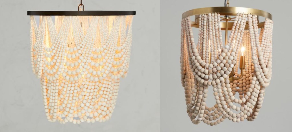 two wood beaded chandeliers with gray stock photo background black and gold metal detail