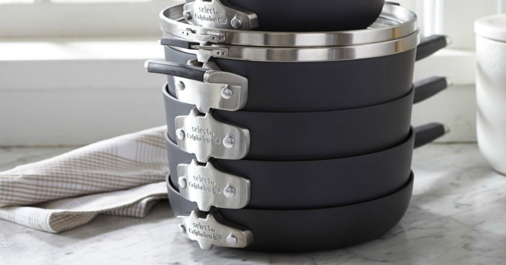 Select by Calphalon Space Saving 9-piece cookware set stacked together