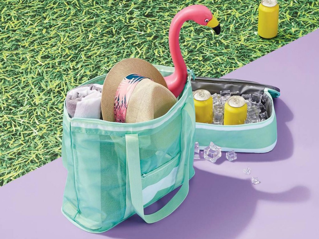 teal cooler tote packed with summer gear and zip-off bottom tote with cans